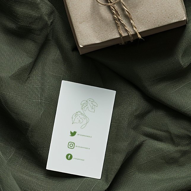 Green and white monstera, social links thank you enclosure card (Minimalist business card with green monstera leaf illustrations and social media icons)