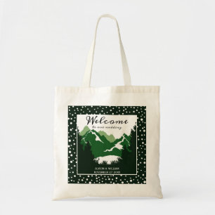 Green and white mountains wedding welcome tote bag