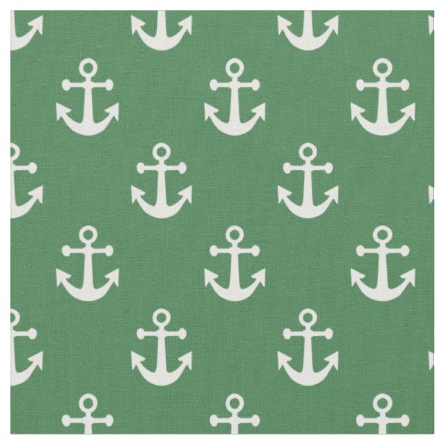 Green and White Nautical Anchors Pattern Fabric (Close Up)