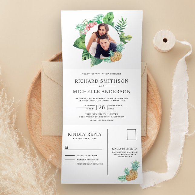 Green and White Palm Leaves Wreath Photo Wedding Tri-Fold Invitation (Creator Uploaded)