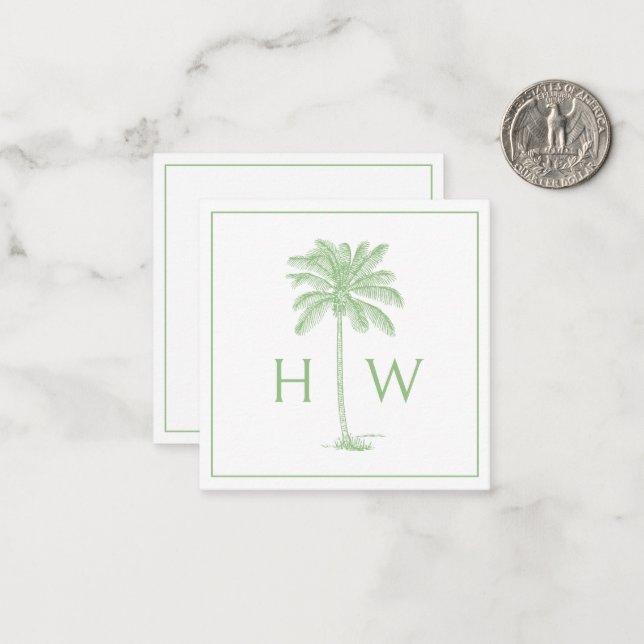 Green and White Palm Palmetto Tree Monogram Card (Front/Back In Situ)