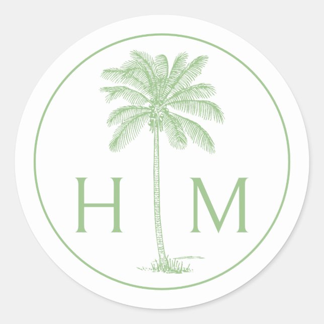 Green and White Palm Palmetto Tree Monogram Classic Round Sticker (Front)