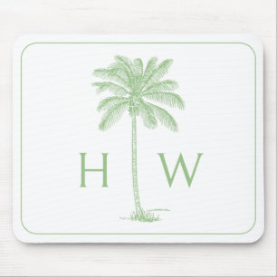 Green and White Palm Palmetto Tree Monogram Mouse Pad