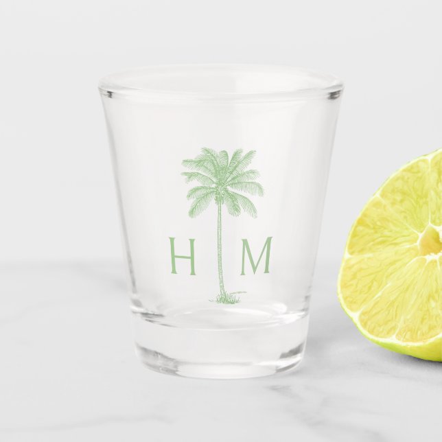 Green and White Palm Palmetto Tree Monogram Shot Glass (Front)