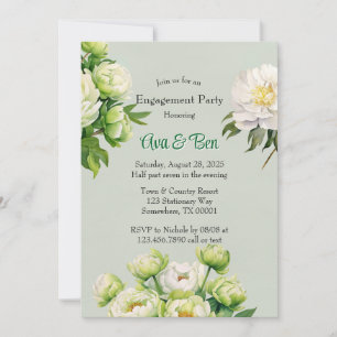 Green and White Peony Elegant Engagement Party Invitation