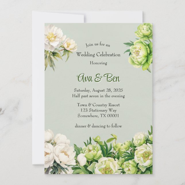 Green and White Peony Elegant Wedding Invitation (Front)