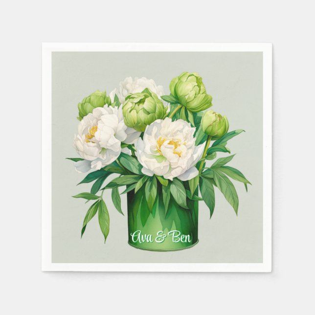 Green and White Peony Elegant Wedding Napkin (Front)