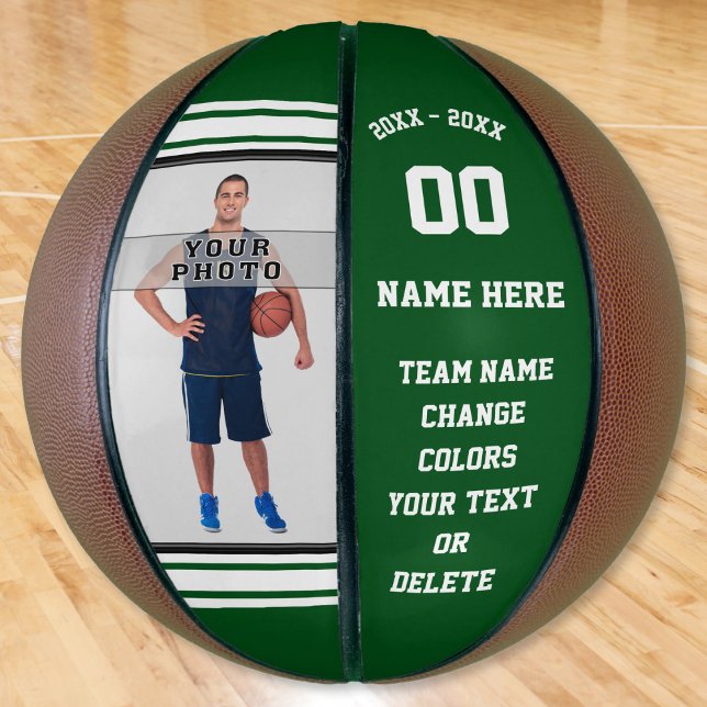 Green and White Personalised Photo Basketball Ball (Custom basketball with picture. Personalized Basketballs. Senior gift ideas for Basketball. Green)