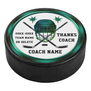 Green and White, Personalized COACH, Hockey Pucks
