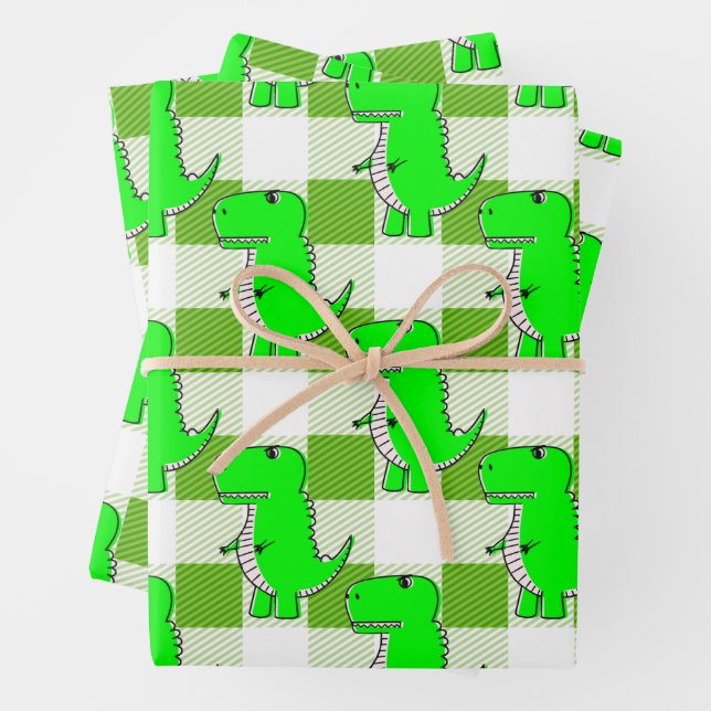 Green and White Plaid Dino Tartan Pattern Wrapping Paper Sheet (In situ)