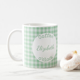 Green and white plaid gingham with a name coffee mug