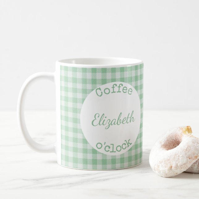 Green and white plaid gingham with a name coffee mug (With Donut)