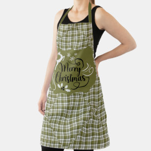 Green and White Plaid Merry Christmas Reindeer Apron
