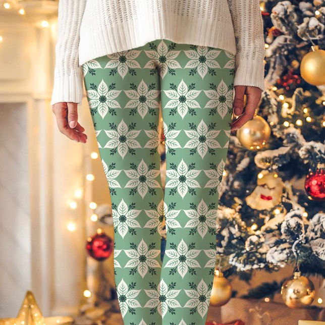Green and White Poinsettia Pattern Christmas  Leggings (Creator Uploaded)