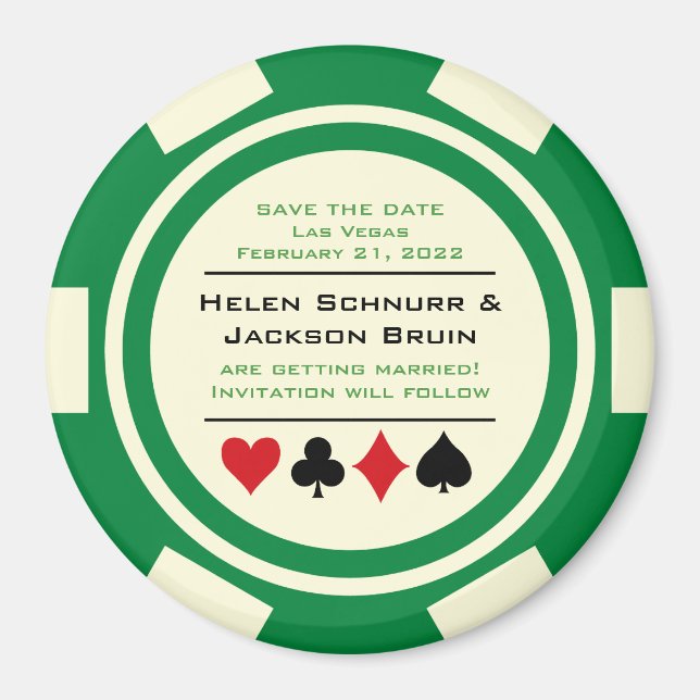 Green and White Poker Chip Casino Save The Date Magnet (Front)