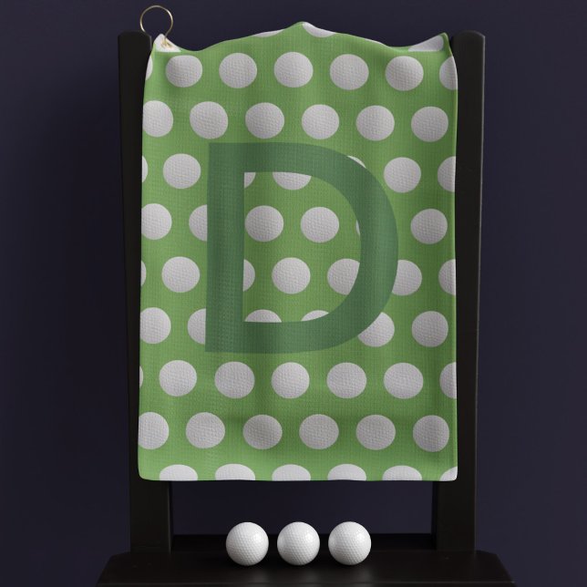 Green and White Polka Dot Monogram Golf Towel (A bold initial on this golf towel. Perfect gift for the bold golfer)