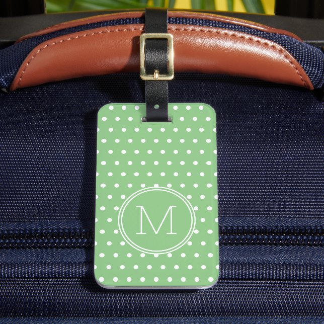 Green and White Polka Dot Monogram Luggage Tag (Front Insitu 2)
