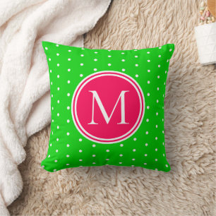 Green and White Polka Dot With Pink Monogram Cushion