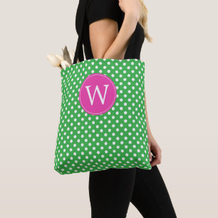 Green and White Polka Dot With Pink Monogram Tote Bag