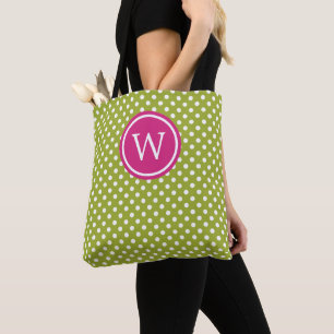 Green and White Polka Dot With Pink Monogram Tote Bag