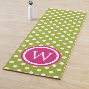 Green and White Polka Dot With Pink Monogram Yoga Mat