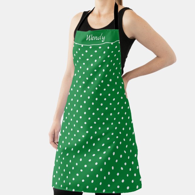 Green and White Polka Dots with Name Apron (Insitu)