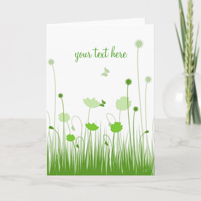 Green and White Poppies Meadow Script Card (Front)
