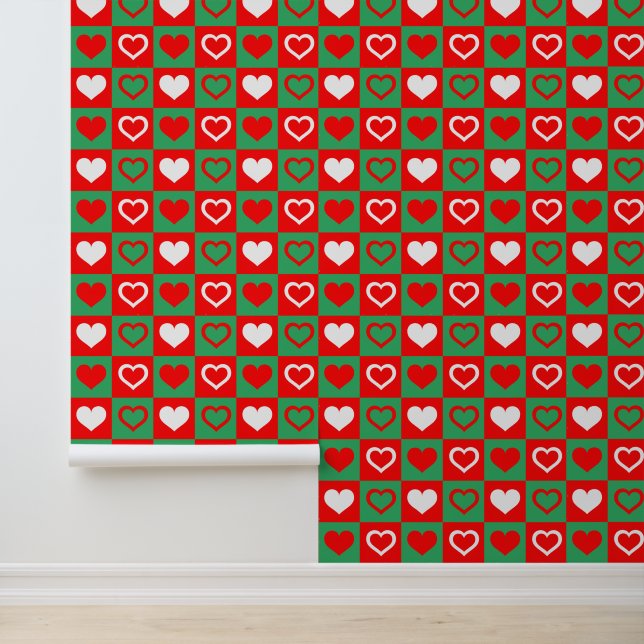 Green and White Red Hearts Check Pattern Christmas Wallpaper (Application)