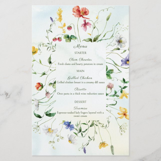 Green and White Romance Rustic Wedding Menu (Front)