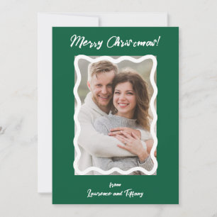 Green and White Scalloped Wavy Lines Frame Photo Holiday Card