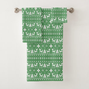 Green and White Scandinavian Nordic Christmas Bath Towel Set