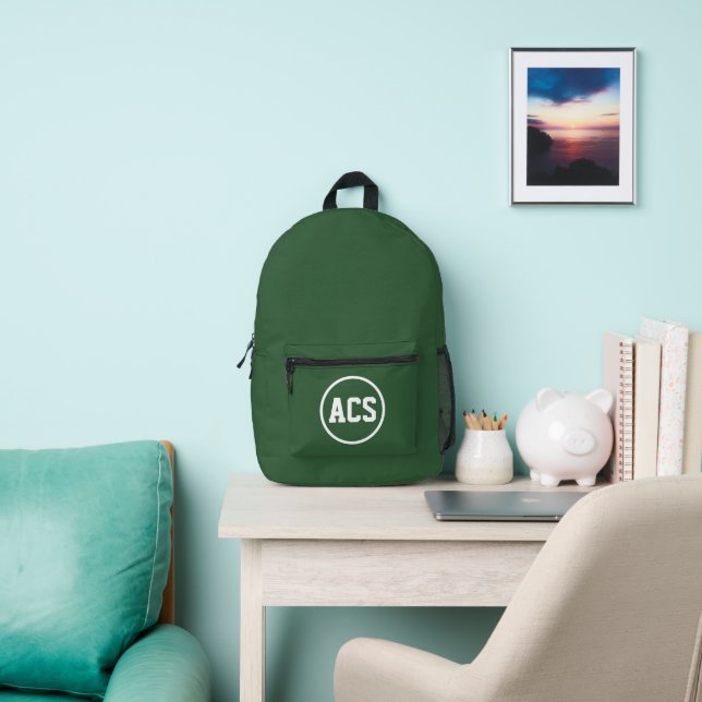 Green and White School Colours and Letters Printed Backpack (Insitu)
