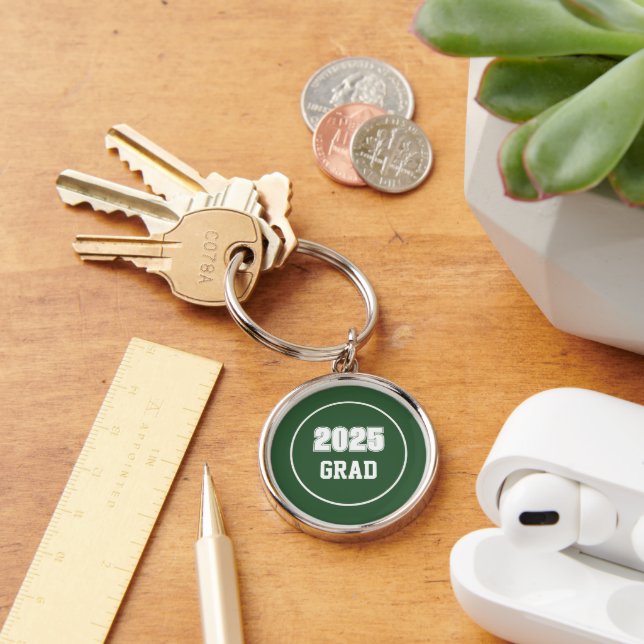 Green and White School Colours Grad Key Ring (Desk)