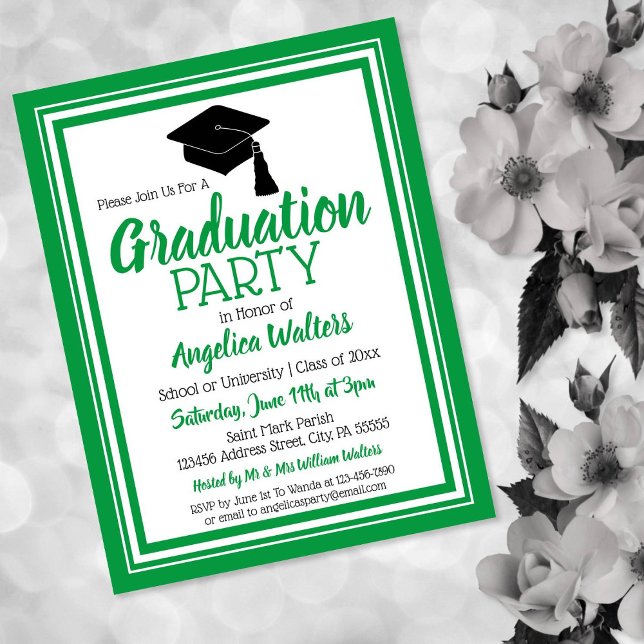 Green and White School Colours Grad Party Invitation Postcard (Creator Uploaded)