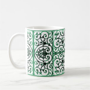 Green and white scrollwork pattern coffee mug