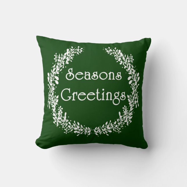 Green and White Seasons Greetings Pillow (Front)