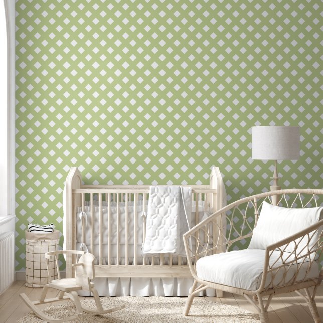 Green and White Shabby Chic Lattice Pattern Wallpaper (Kids)