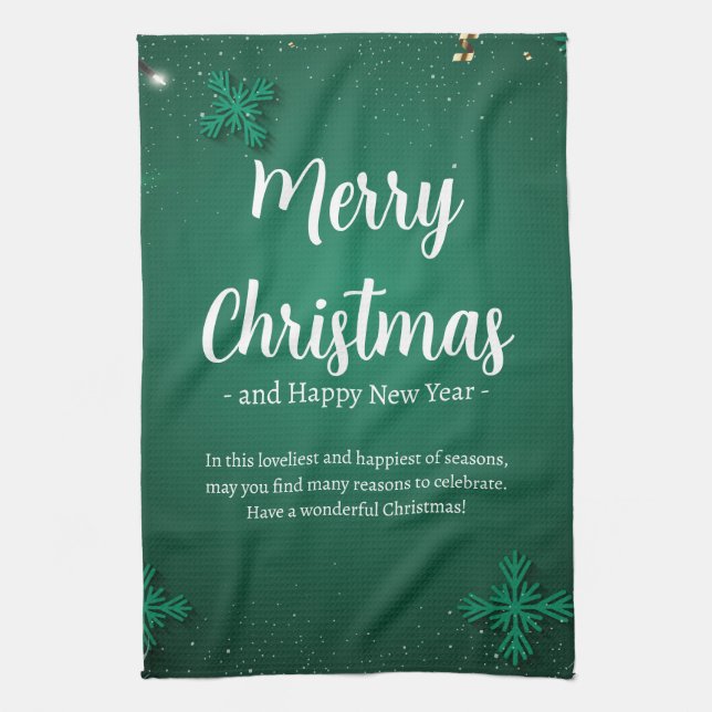 Green and White Simple Christmas Day and New Year  Tea Towel (Vertical)