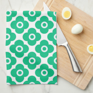 Green and white simple floral pattern retro tea towel
