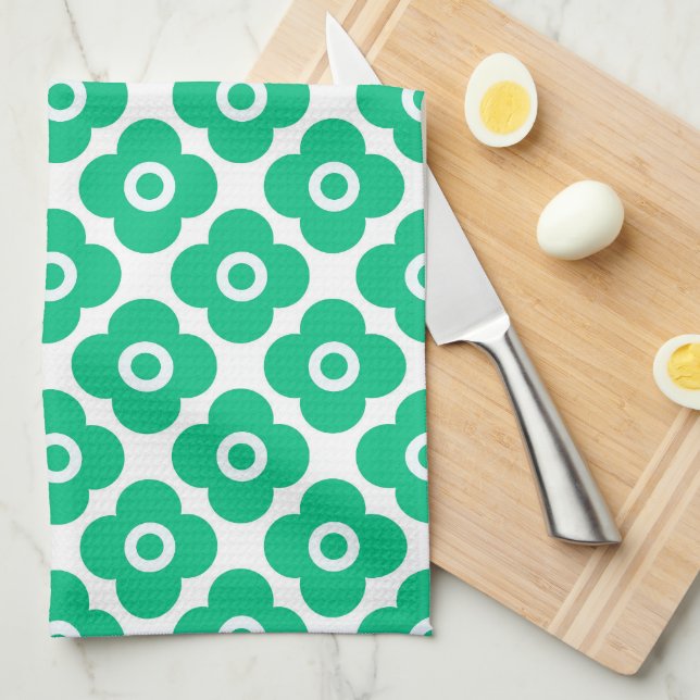Green and white simple floral pattern retro tea towel (Quarter Fold)