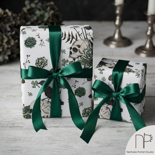 Green and White Skull Pattern St Patricks Day Goth Wrapping Paper (Hand-drawn green and white skull clover St Patricks Day wrapping paper for alternative edgy gifts.)