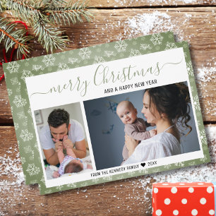 Green And White Snowflakes Merry Christmas Photo Holiday Card