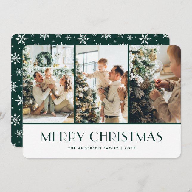 Green and White Snowflakes Photo Christmas Card (Front/Back)