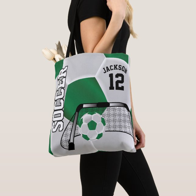 Green and White Soccer Ball Tote Bag (Close Up)