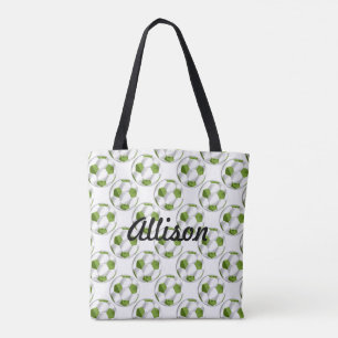 Green and White Soccer Balls with Name Tote Bag