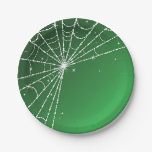 Green and White Sparkling Diamond Spider Web Paper Plate