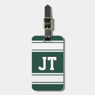 Green and White Sports Stripes Monogram Luggage Tag