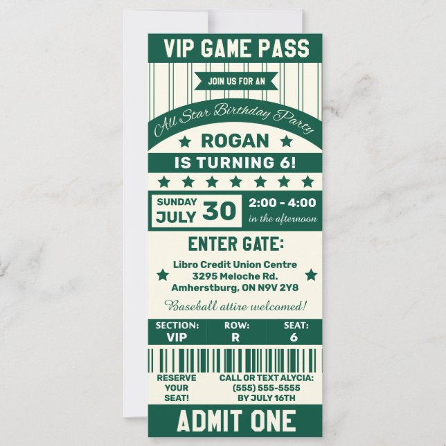 Green and White Sports Team Ticket Birthday Party Invitation (Front)