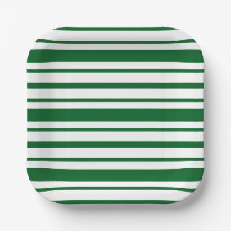 Green and White Stripe Pattern Square Paper Plate