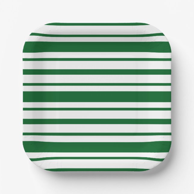 Green and White Stripe Pattern Square Paper Plate (Front)